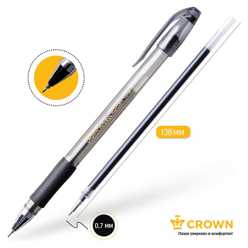 Ручка гелевая Crown "Hi-Jell Needle Grip" черная, 0,7мм, грип, игольчатый стержень, штрих-код 
