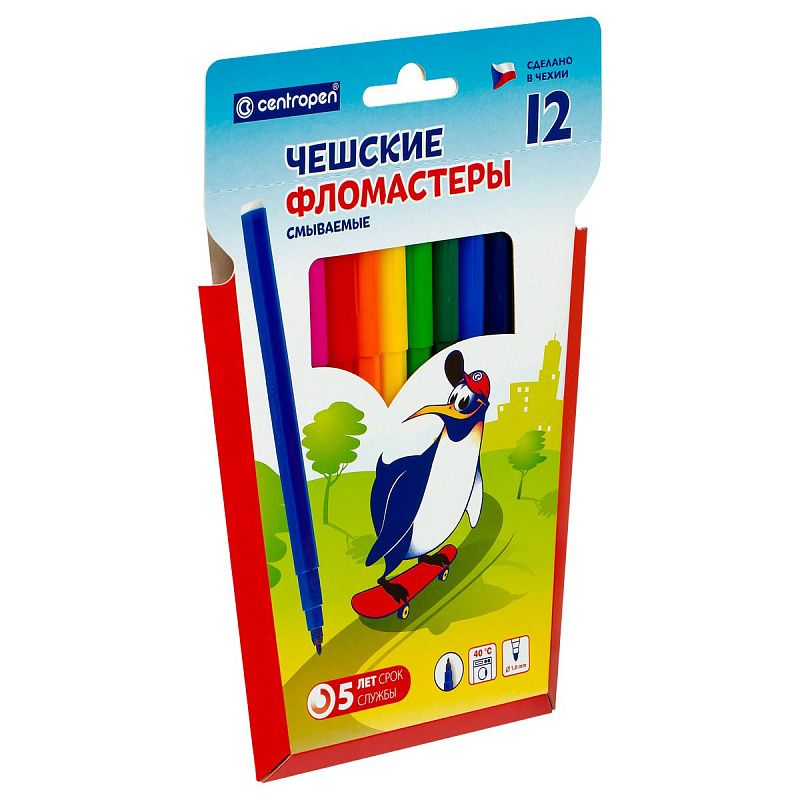 Фломастеры Centropen "Пингвины", 12цв., смываемые, картон, европодвес