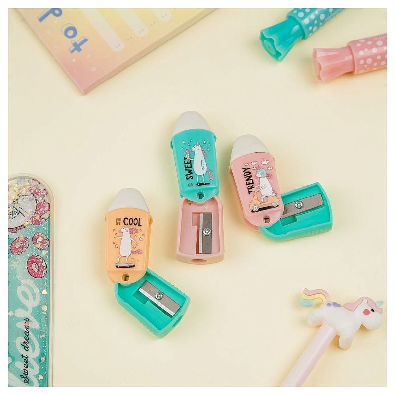 УЦЕНКА - Точилка пластиковая с ластиком MESHU "Unicorn", 1 отверстие, ассорти