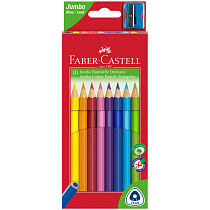 Карандаши цветные Faber-Castell "Jumbo" 10цв., трехгран., заточен., картон, европодвес, с точилкой