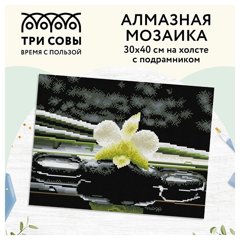 Алмазная мозаика ТРИ СОВЫ "Цветок орхидеи", 30*40см, холст на деревянном подрамнике, картонная коробка с пластиковой ручкой