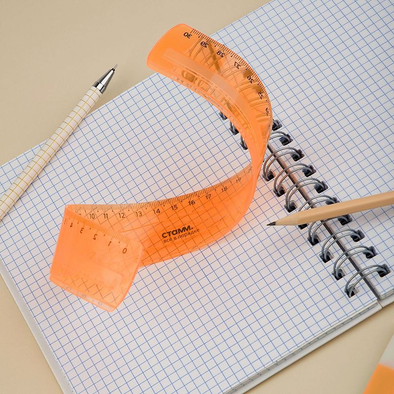 Линейка 30см СТАММ, пластиковая, гибкая, прозрачная, оранжевая, европодвес 