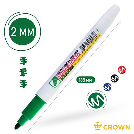 Маркер для белых досок Crown "Multi Board Slim" зеленый, пулевидный, 2мм 