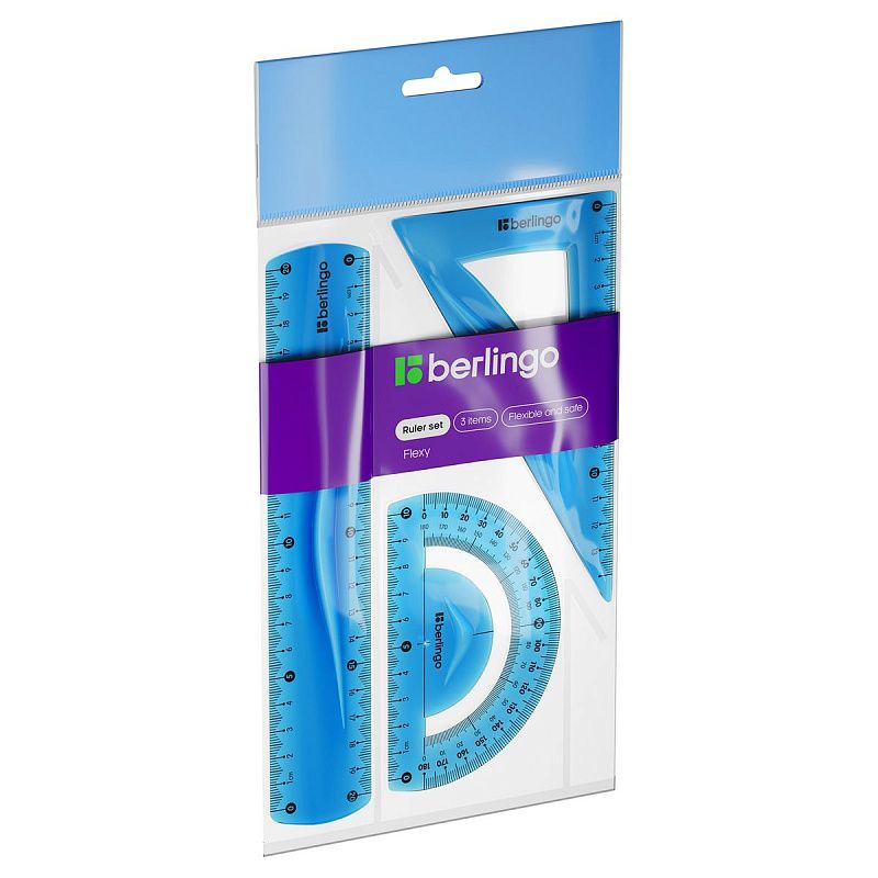 Набор чертежный средний Berlingo "Flexy" (треуг. 14см, линейка 20см, транспортир) гибкий, ассорти, европодвес 