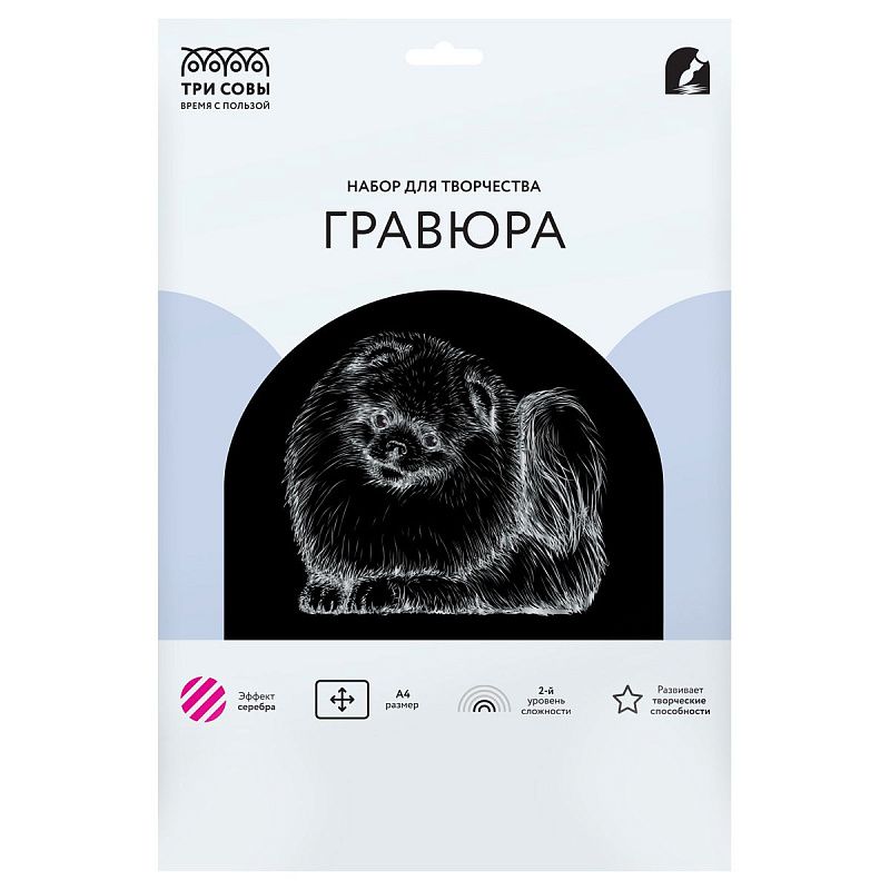 Гравюра с эффектом серебра ТРИ СОВЫ "Шпиц", А4