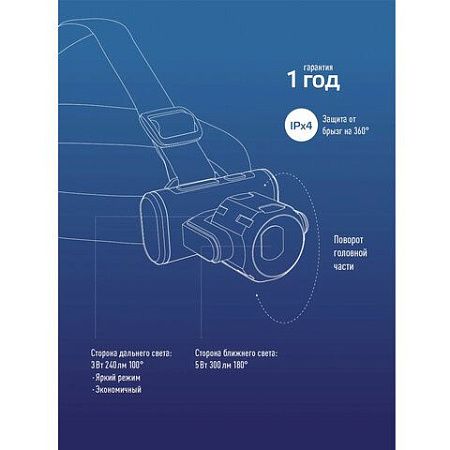 Фонарь налобный аккумуляторный КОСМОС, 5 Вт, COB, Li-ion, 3 режима, заряд от USB, KOCH5WLi-On