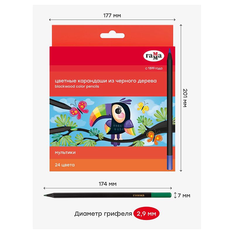 Карандаши цветные Гамма "Мультики", 24цв., черное дерево,заточен., картон. упак., европодвес
