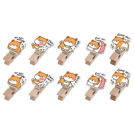 Зажимы для бумаг 7мм, MESHU "Funny dogs", 10шт.,  деревянные, ассорти, опп пакет с европодвесом, веревка в комплекте