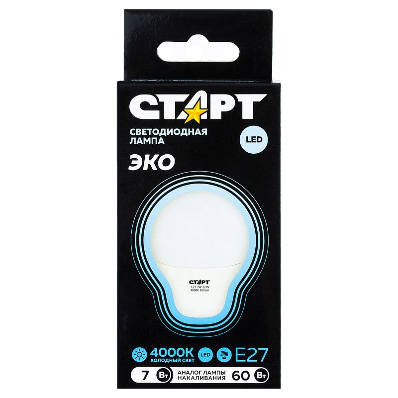 Лампа светодиодная Старт LED, серия "WS" 7W40, тип А "груша", E27, 4000К, нейтральный свет, 25000ч