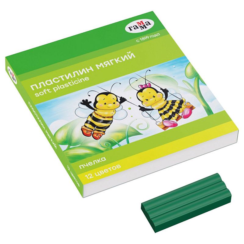 Пластилин восковой мягкий Гамма "Пчелка", 12 цветов, 180г, со стеком, картон. упаковка