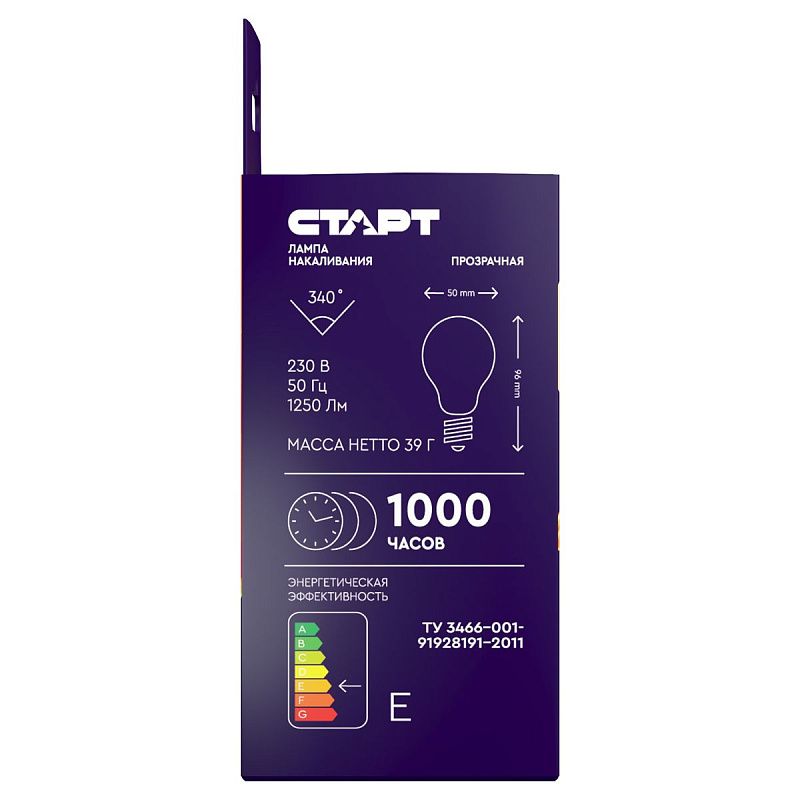 Лампа накаливания Старт Б 95W, E27, прозрачная