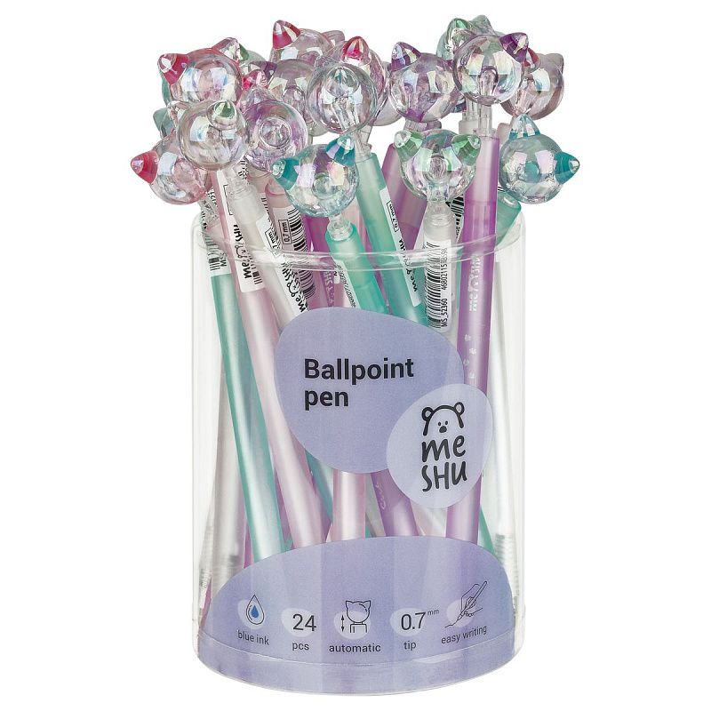 Ручка шариковая автоматическая MESHU "Cats" синяя, 0,7мм, корпус ассорти, с топпером 