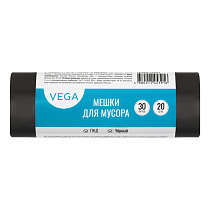 Мешки для мусора 30л Vega ПНД, 48*55см, 5мкм, 20шт., черные, в рулоне