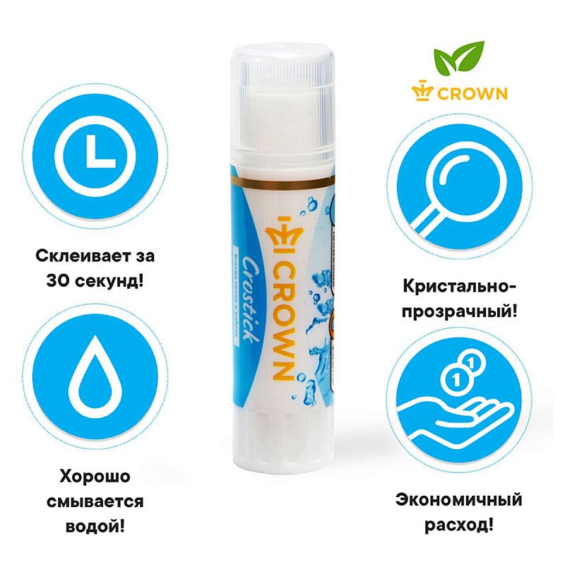 Клей-карандаш Crown "Crystal", 15г, кристально-чистый, ПВП