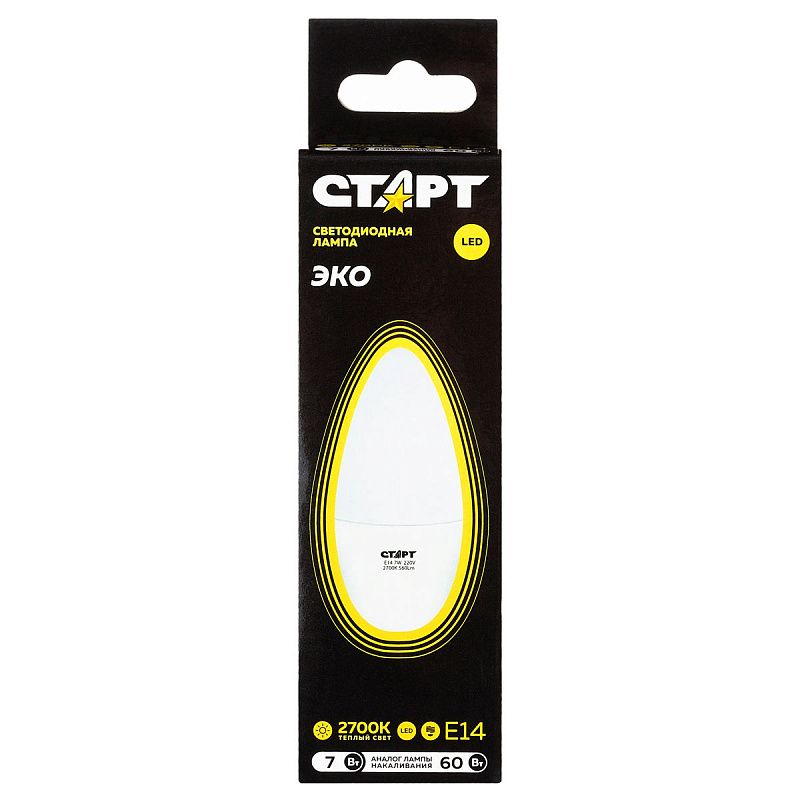 Лампа светодиодная Старт LED, серия "WS" 7W30, тип С "свеча", E14, 2700К, теплый свет, 25000ч