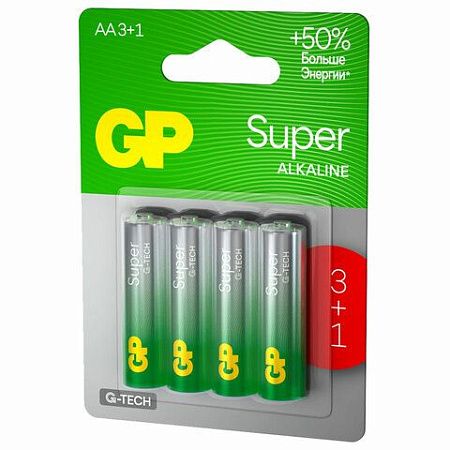 Батарейки GP Super, AA (LR6, 15А), алкалиновые, пальчиковые, КОМПЛЕКТ 4 шт., ПРОМО 3+1, 15A3/1-2CR4