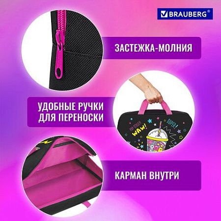 Папка на молнии с ручками BRAUBERG А4, 1 отделение, полиэстер, 80 мм, "Pop style", 271480 