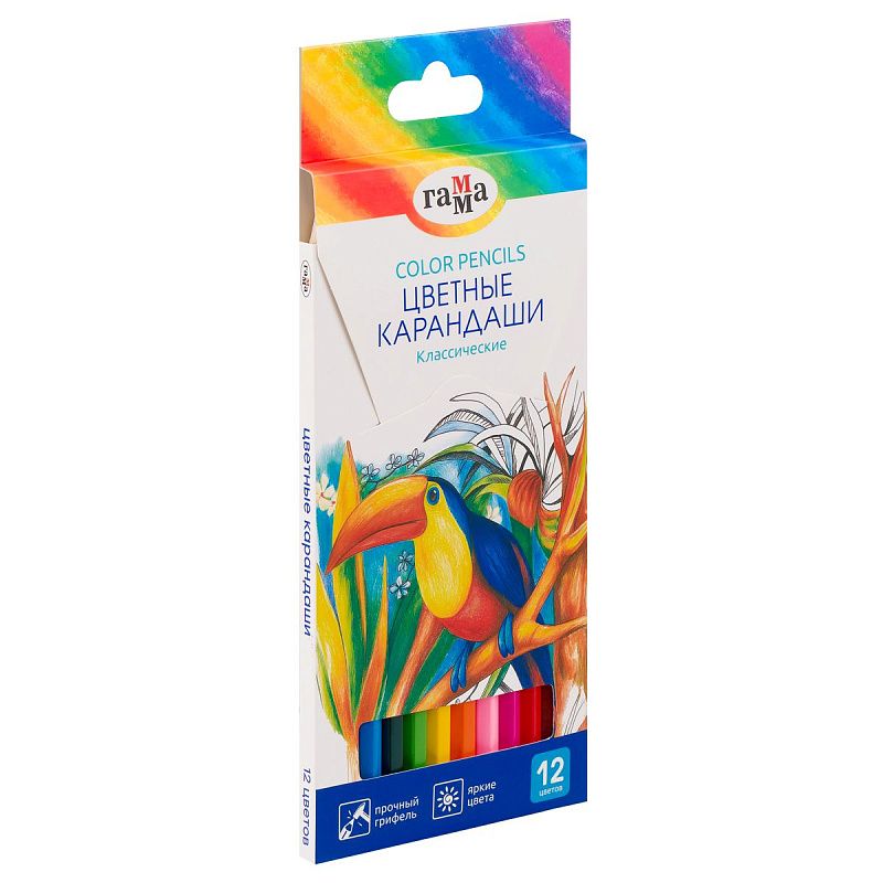 Карандаши цветные Гамма "Классические", 12цв., заточен., картон. упак., европодвес