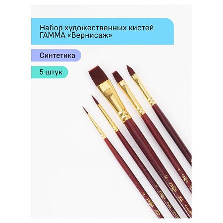 Набор художественных кистей синтетика бордовая Гамма "Вернисаж", 5шт., круглые №0, 4, плоские №6, 12, плоскоовальная №4, блистер, европодвес