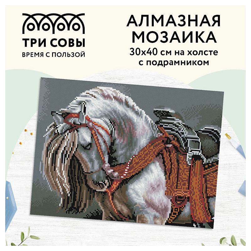 Алмазная мозаика ТРИ СОВЫ "Богатырский конь", 30*40см, холст на деревянном подрамнике, картонная коробка с пластиковой ручкой