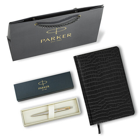 Ручка шариковая PARKER "Jotter Core Stainless Steel GT", ежедневник А5 черный, пакет, 880886