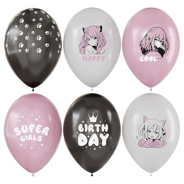 Воздушные шары, 12шт., М12/30см, MESHU "Anime party", пастель, ассорти
