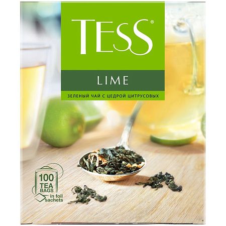 Чай Tess "Lime", зеленый с цедрой цитрусовых, 100 фольг. пакетиков по 1,5г