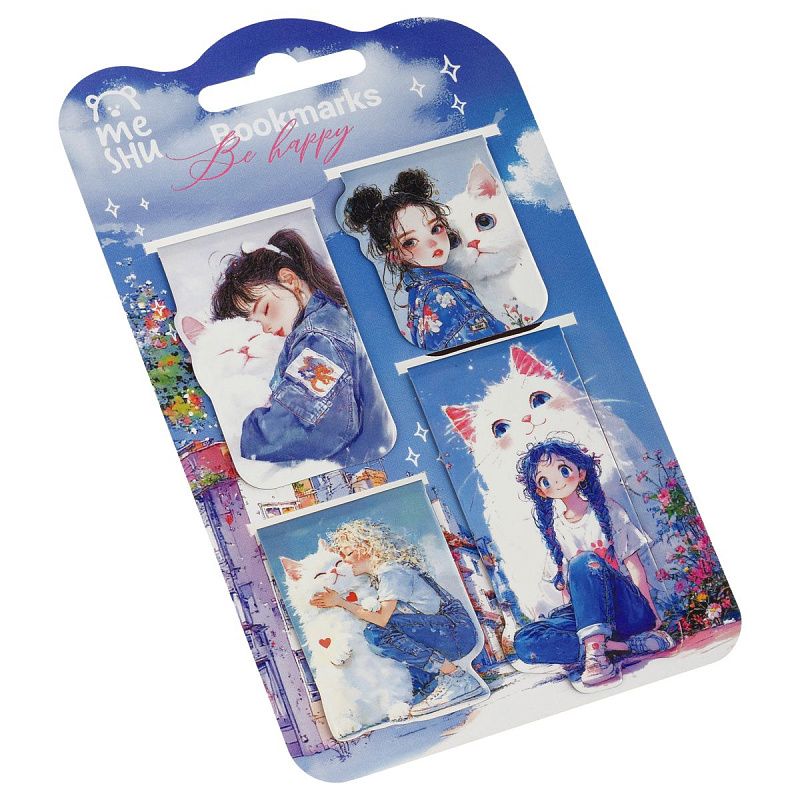 Закладки магнитные для книг, 4шт., MESHU "Be happy", матовая ламинация 