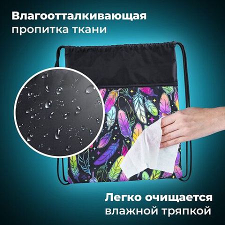 Мешок для обуви BRAUBERG БОЛЬШОЙ, с ручкой, карман на молнии, сетка, 49х41 см, "Feathers", 271057 