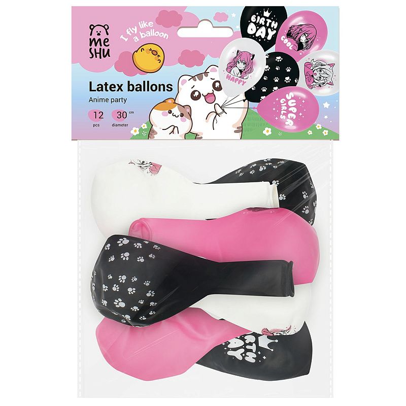 Воздушные шары, 12шт., М12/30см, MESHU "Anime party", пастель, ассорти