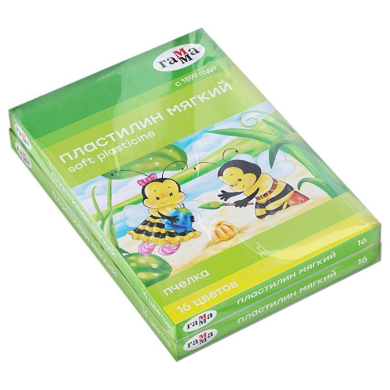 Пластилин Гамма "Пчелка", 16 цветов, 240г, восковой, со стеком, картонная упаковка (2 шт)
