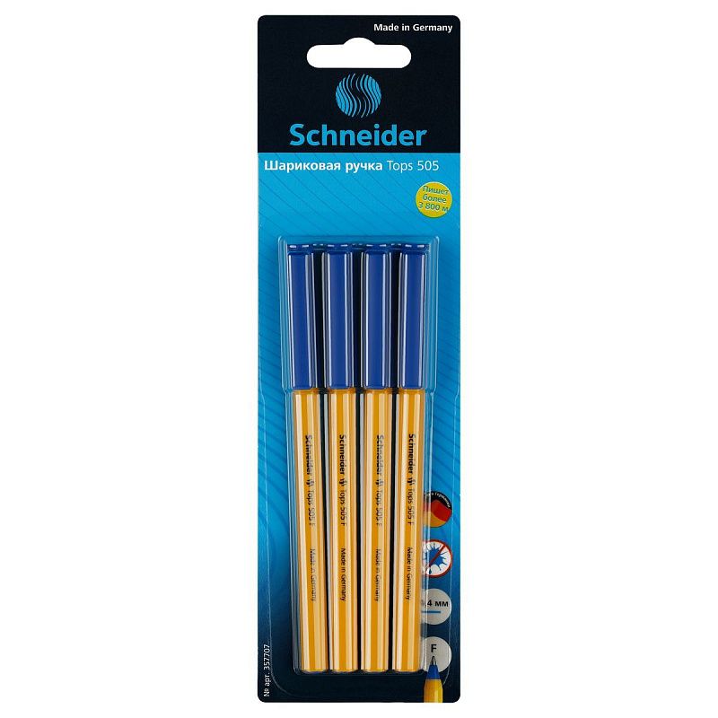 Ручка шариковая Schneider "Tops 505 F" 4шт., синие, 0,8мм, оранжевый корпус, блистер