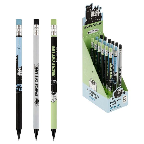 Карандаш механический MESHU "Meowsy", печать на корпусе, с ластиком, 0,7мм, ассорти