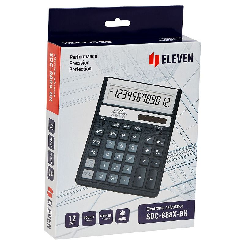 Калькулятор настольный Eleven SDC-888X-BK, 12 разрядов, двойное питание, 158*203*31мм, черный