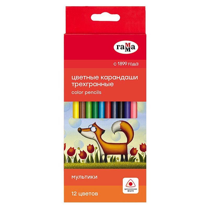 УЦЕНКА - Карандаши цветные Гамма "Мультики", 12цв., трехгранные, заточен., картон. упак., европодвес