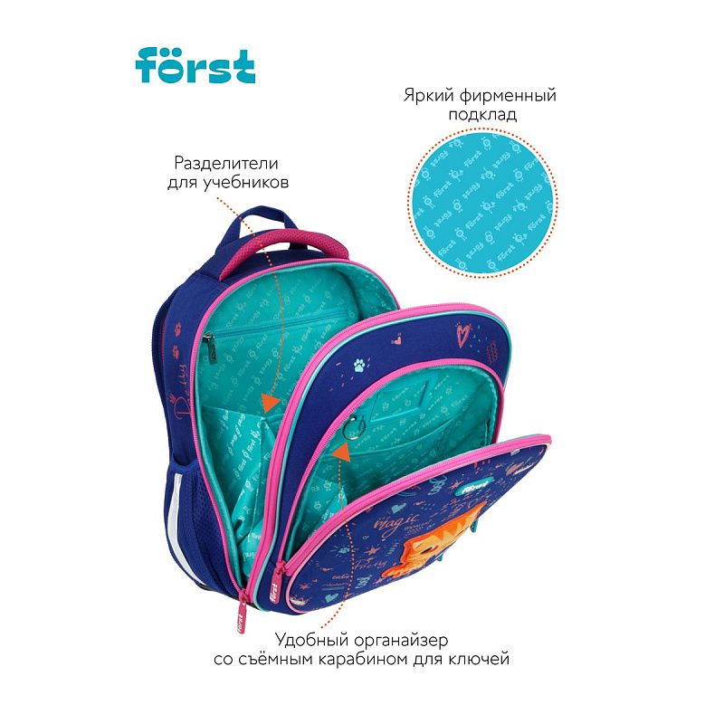 Ранец Först F-LIGHT "Funny cat" 37*28*16см, 2 отделения, 2 кармана, анатомическая спинка 