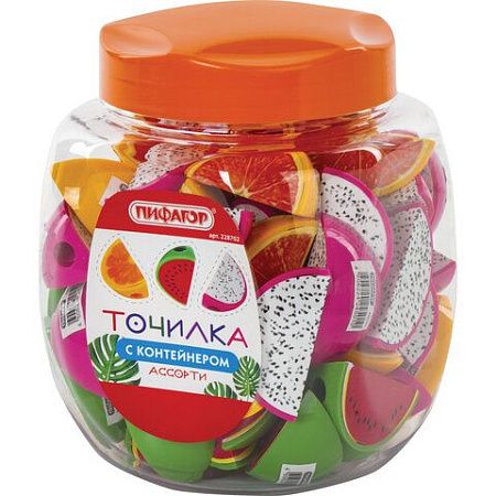 Точилка ПИФАГОР "Фрукты", с контейнером, пластиковая, ассорти, 228702 