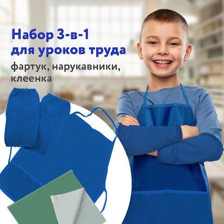 Набор для уроков труда ПИФАГОР: клеёнка ПВХ зеленая, 69х40 см, фартук и нарукавники синие, 227060 