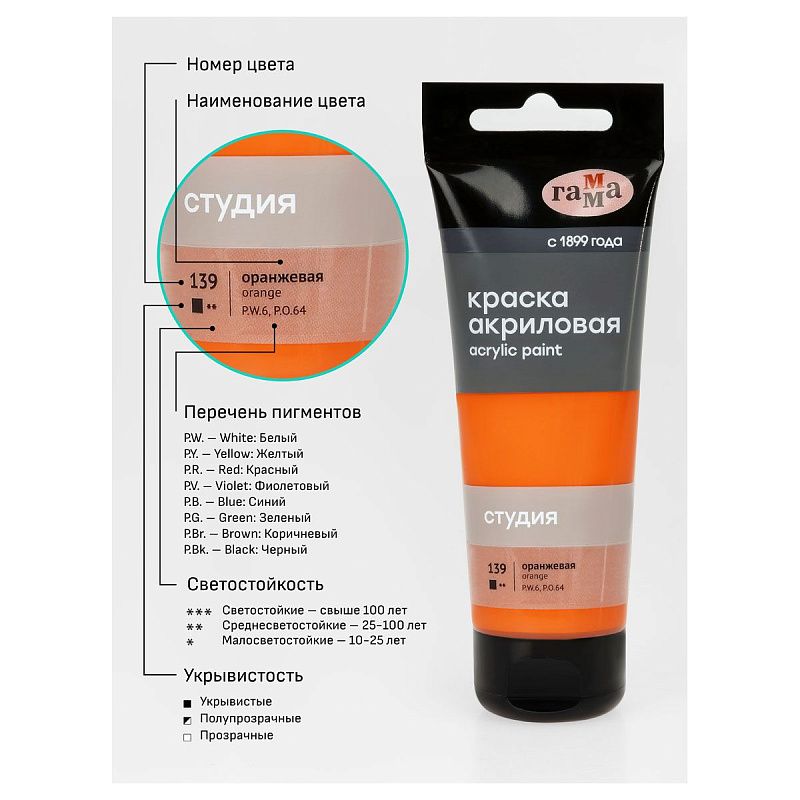 Краска акриловая художественная Гамма "Студия", 75мл, пластиковая туба, оранжевая