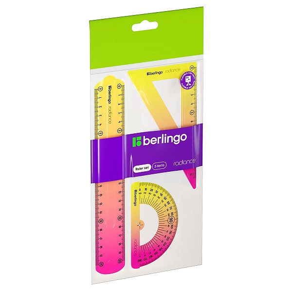Набор чертежный средний Berlingo "Radiance" (треуг. 14см, линейка 20см, транспортир) гибкий, желтый/розовый градиент