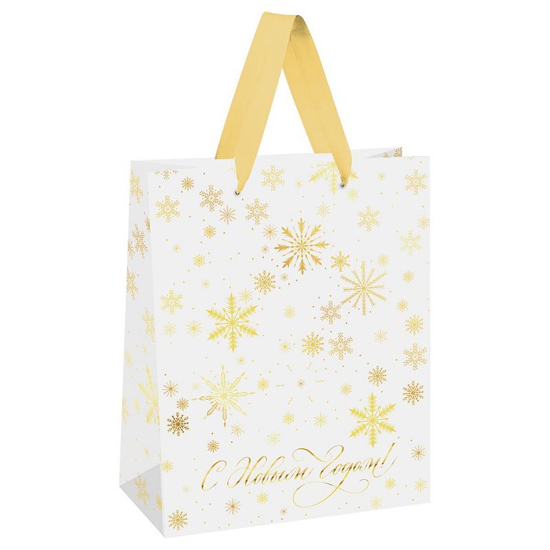 Пакет подарочный 18*23*10см MESHU "Gold snowflake", фольга, матовая ламинация