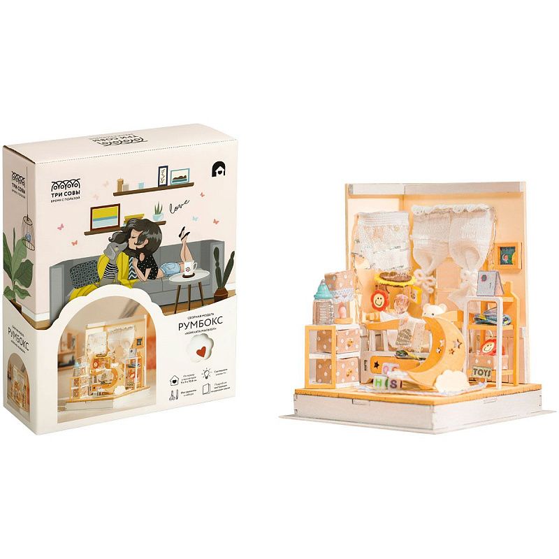 Сборная модель ТРИ СОВЫ, Румбокс "Комната малыша", инструменты, клей, светодиоды, батарейки, картонная коробка