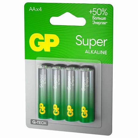 Батарейки КОМПЛЕКТ 4 шт., GP Super, AA (LR06, 15А), алкалиновые, пальчиковые, блистер