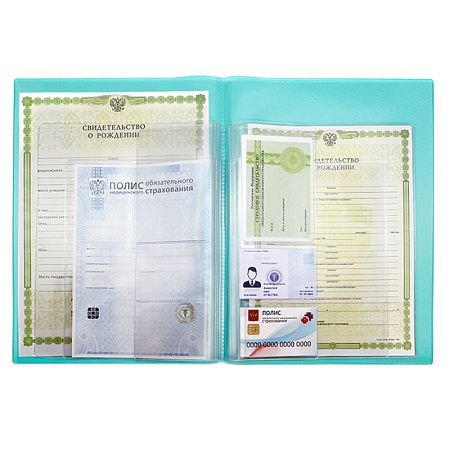 Папка с файлами для семейных документов ОМС, свидетельств и СНИЛС ДПС, 231*320мм, бирюзовый 