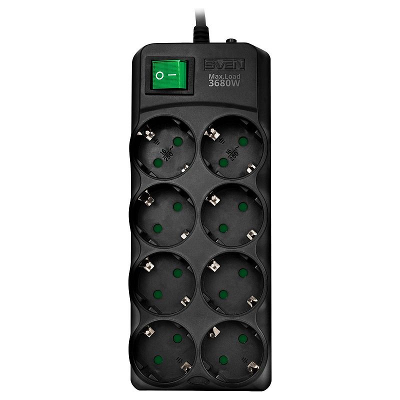 Сетевой фильтр Sven SF-08E-16, 8 розеток с защитными шторками 3м, черный