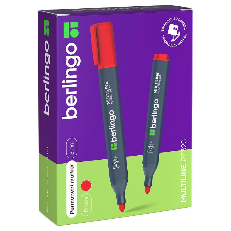 Маркер перманентный Berlingo "Multiline PE320" красный, пулевидный, трехгранный, 3мм 