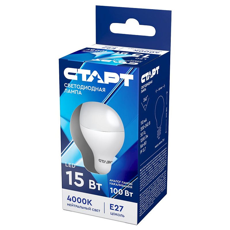 Лампа светодиодная Старт LED, серия "ЭКО" 15W40, тип А "груша" E27, 4000К, холодный свет, 15000ч