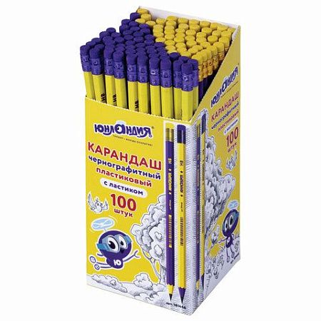 Карандаш чернографитный ЮНЛАНДИЯ, 1 шт., НВ, пластиковый, корпус ассорти, с ластиком, 181446 