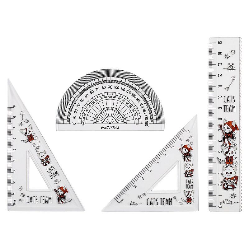 Набор чертежный MESHU "Cats Team" (линейка 15см, транспортир, 2 треугольника), пластик, ПВХ-пенал 