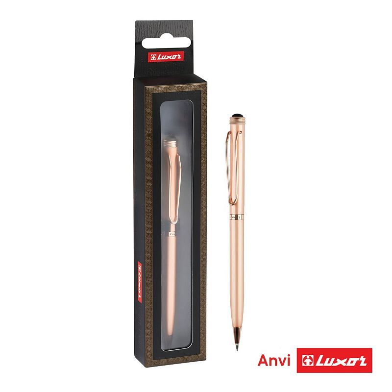 Ручка шариковая Luxor "Anvi" синяя, 0,7мм, корпус розовое золото, поворотный механизм, футляр 